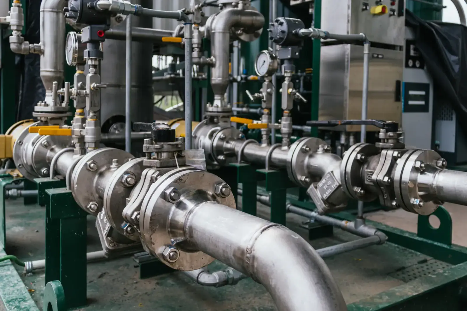 Instalação hidráulica industrial com válvulas, manômetros e tubulações em aço inox
